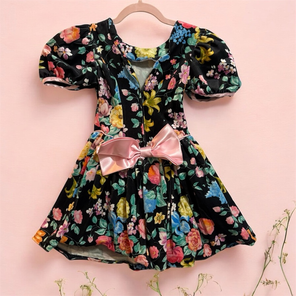 VTG Amy Byer Colorful Floral Puff Sleeve Fit and Flare Dress Velvet Sz 8 Girls - Picture 2 of 11